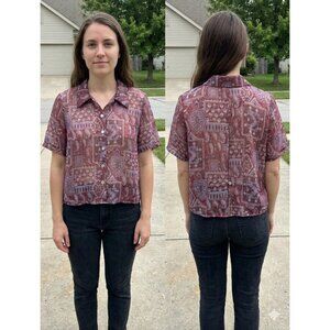 K WOMAN Vintage Blouse 18WP Made In USA Paisley Patchwork Sheer Button Down